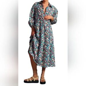 Anthropologie Maeve Cotton Bettina Tiered Shirt Midi Dress Geometric XS
